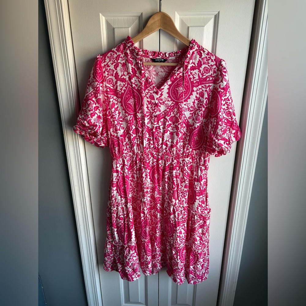 BTFBM Womens Pink Floral Short Sleeve Tiered Mini Dress Cottagecore Size XL